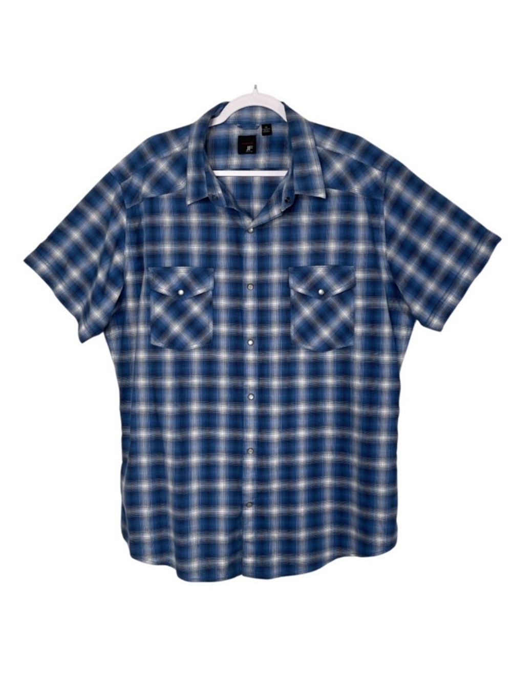JF J Ferrar Modern Fit Western Shirt Blue Plaid Pearl Snap Button Cotton Men XXL